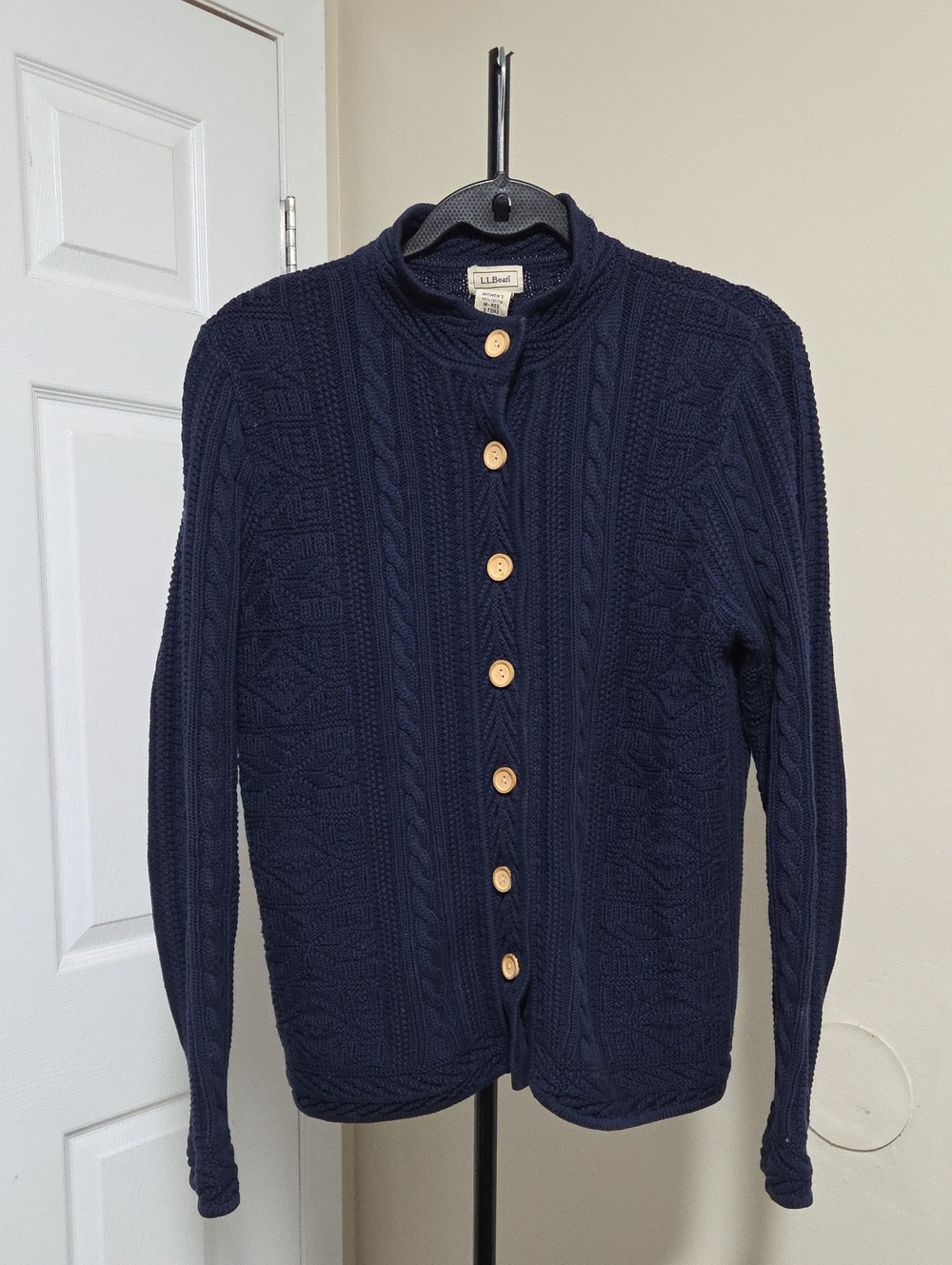 L.L. Bean Navy Cable-Knit Women’s Cardigan with Wood Buttons